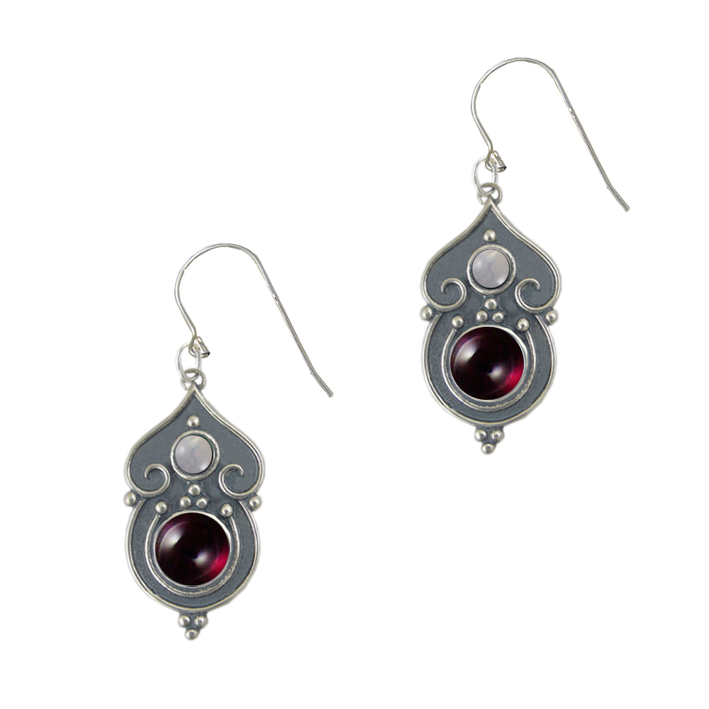 Sterling Silver Gothic Inspired Drop Dangle Earrings With Garnet And Rainbow Moonstone